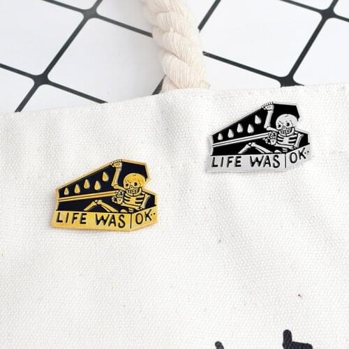 LIFE IS OK Skeleton Pin Creative Personality Skeleton Coffin Enamel Metal Brooch Trendy Costume Backpack Jewelry Accessories