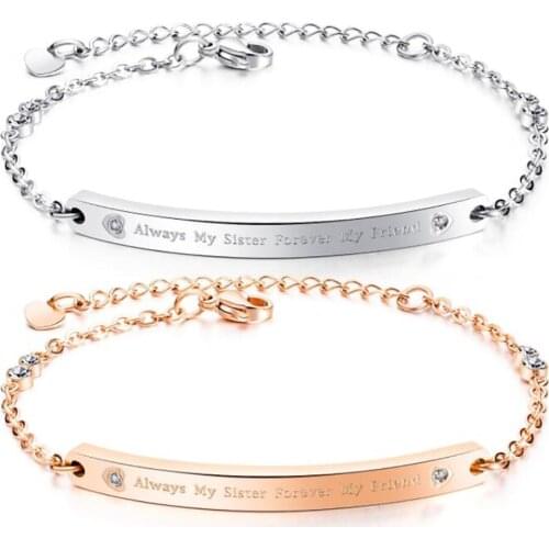 Stainless Steel Minimalist Fashion Delicate Rose Gold Long Bar Cubic Zirconia Always My Sister Forever My Friend Bracelet Bnagle