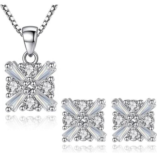 High Quality Tiny Square Zirconia Ice Crystal Pendant Necklace Earrings Fashion Wedding Party Jewelry Set Gifts for Women