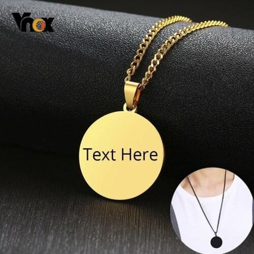 Vnox Personalized Simple Round Pendant for Men Women Glossy Plain Stainless Steel Necklace Custom Unique Jewelry with 24" Chain