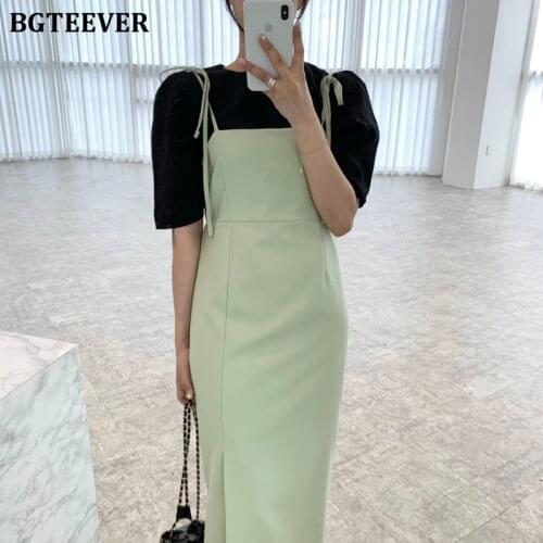 BGTEEVER Summer Autumn Midi Women Camisole Dress Casual Spaghetti Strap Slim Waist Female Dress Side Split Ladies Vestidos 2021