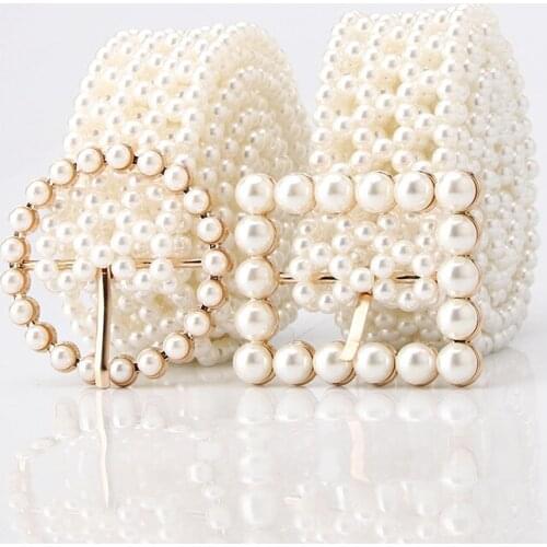 Elegant Women Pearl Waist Belt Square Buckle Pearl Chain Belt Female Girls Dress Crystal Strap Pearl Elastic Belt Luxury Brand
