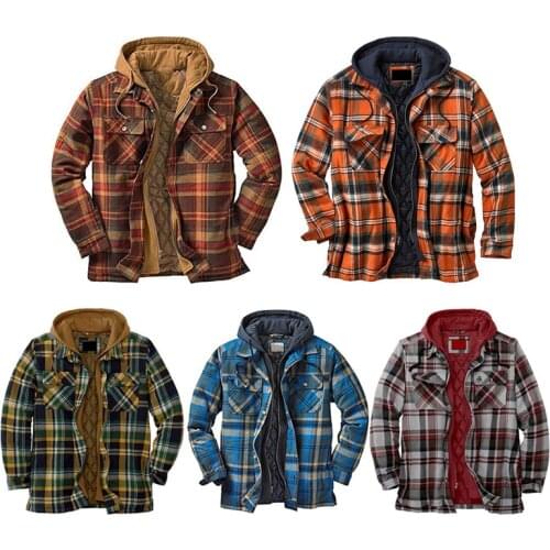 Quilted Thick Plaid Long-Sleeved Loose Jacket Mens Hoodie Quilted Lined Flannel Hooded Full-Zip Shirt Jacket LL@17