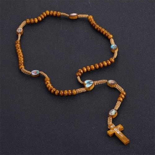 Vintage Wooden Beads Rosary Necklace Cord St Benedict Jesus Cross Pendant Necklace Catholic Christian Religious Sticker Jewelry