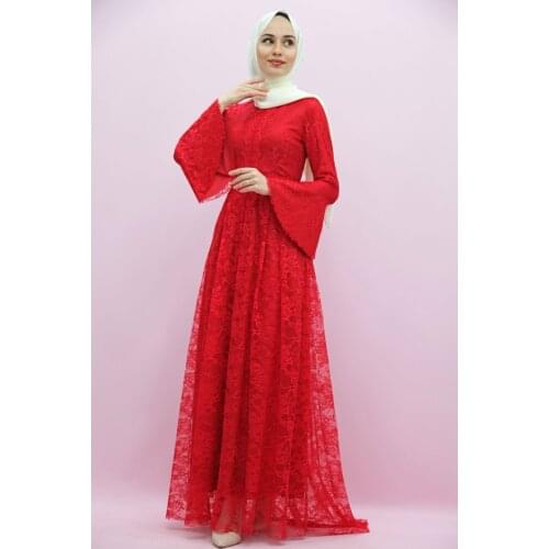 Full Closed Muslim Women Hijab Lace Filet Lace Tailed Evening Dress Red