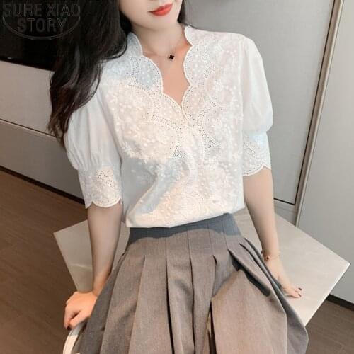2021 Summer Ladies Blouse Sweet Women Blouse Cotton Embroidery Hollow Out Tops Casual White Short Sleeve Blouses Blusas 13102