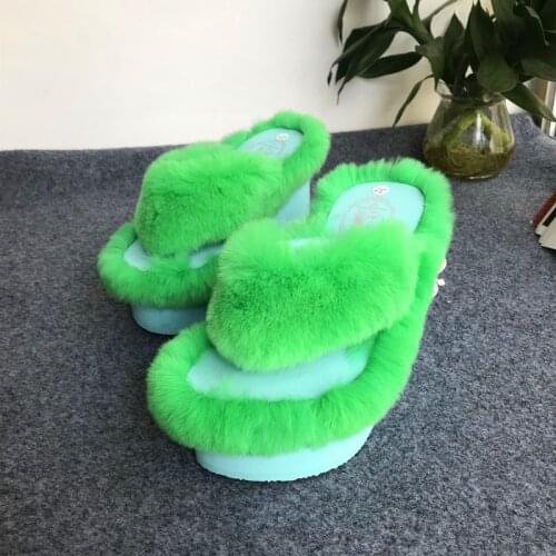 Womens Rainbow Colors Real Rex rabbit Fur Mules Slipper Platform Muffin High Wedge Heel Shoes Slides Slingback Flip Flops 2022