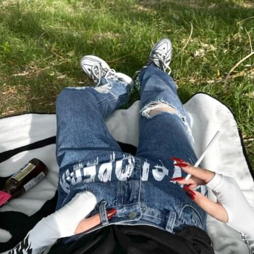 Blue print street retro ripped jeans womens Y2K design sense 90S loose large size Korean pants trend 2021 summer new style