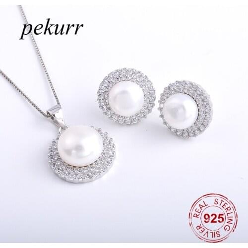 Pekurr 925 Sterling Silver Luxurious Crystal Round Hoop Freshwater Pearl Earrings Necklace Sets For Women Pendant Party Jewelry