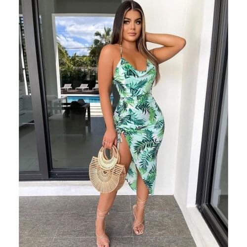 Women Sexy Slit Dress Leaves Printed Pattern Halter Neck Sleeveless Green/ Blue/ Light Blue/ Pink