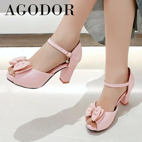 AGODOR Women Shoes Two Piece High Heels Peep Toe Block Heel Pumps Bow Buckle Ladies Dress Footwear 2021 Spring White Big Size 43