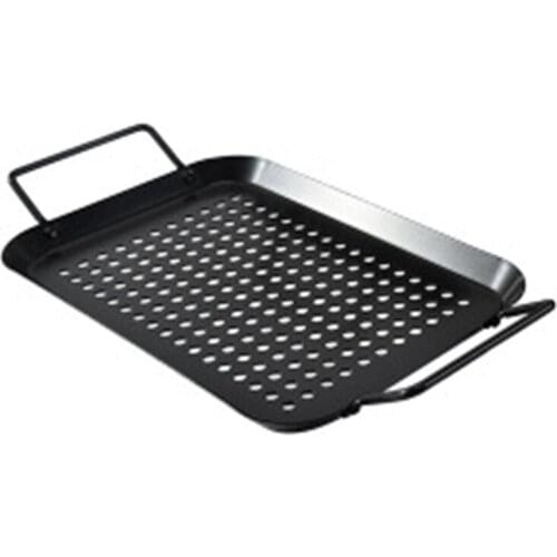 Non-Stick Grill Pan Double Handle Holes Food Vegetable Barbecue Kitchen Camping Picnic Drain Basket