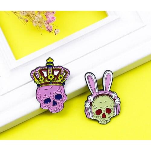 Cartoon skull Enamel Brooch Crown pink rabbit ears headset skeleton Lapel Pin Fashion creative punk badge gift