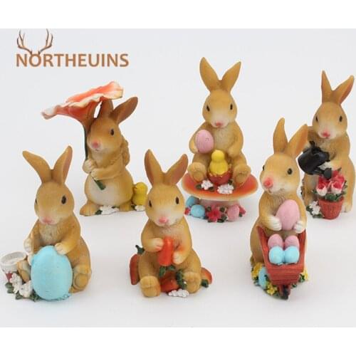 NORTHEUINS 6 Pcs/Set Resin Easter Day Rabbit Figurines for Interior Bunny Statues Easter Eggs Gifts Home decoration Accessories