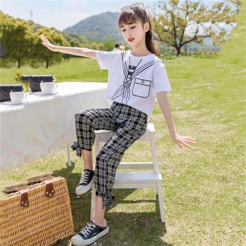 2021 Kids Girls Clothes Sets short Sleeve T-shirts + Plaid Pants summer Childrens Clothing Teenage for 7 8 10 12 Years