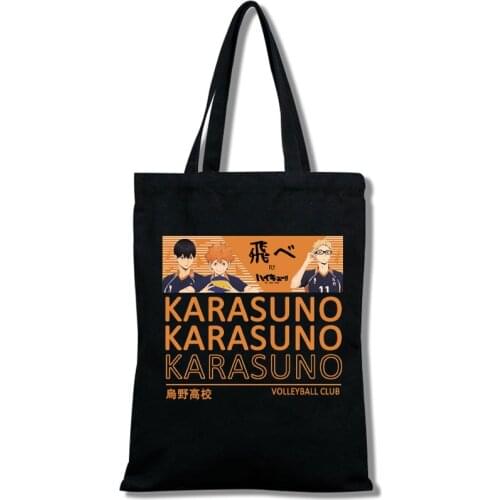 Haikyu-Girls Cartoon Print Canvas Shopping Bag Casual Fashion Tote Bag Black