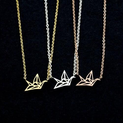 Dainty Bird Pendants Necklacs Women Boho Jewelry Stainless Steel Gold Rose Gold Origami Crane Necklace Collier Femme Bff Gifts