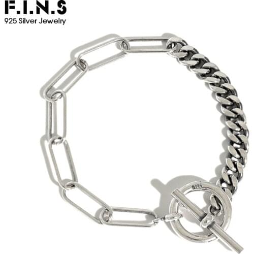 F.I.N.S Korean S925 Sterling Silver Bracelet Retro Old Chain Bracelet Personality Couple Silver Asymmetric Chain for Decoration
