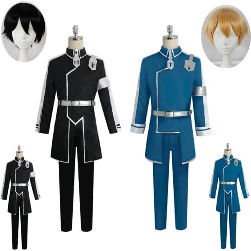 Anime Sword Art Online Alicization Eugeo Cosplay Costume Blue Battle Suit SAO Uniform Men Halloween Full Set Long Overcoat wig