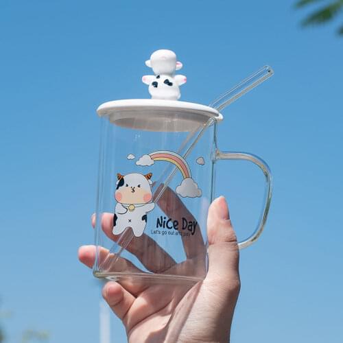 3d 450ML Cartoon lovely Cow Borosilicate Glass Mug Lid With Straw Milk Bottle Juice Transparent Coffee Cup Exquisite Gift