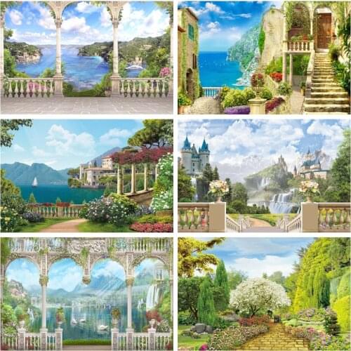 Laeacco Wedding Bridal Shower Photography Backdrops Cloudy Sky Waterfall Castle Handrail Sea Landscape Baby Portrait Backgrounds