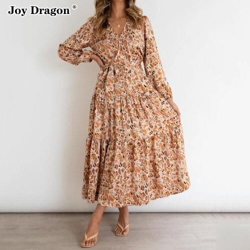 Summer Dress for Women 2021 Dresses Autumn Long Sleeve New Ruffled Casual Maxi One-piece Loose Pullover Clothing Print Leopard