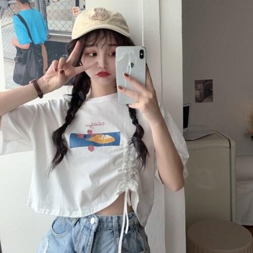 Summer college style irregular drawstring printing half-sleeved mid-length loose cotton T-shirt all-match casual women