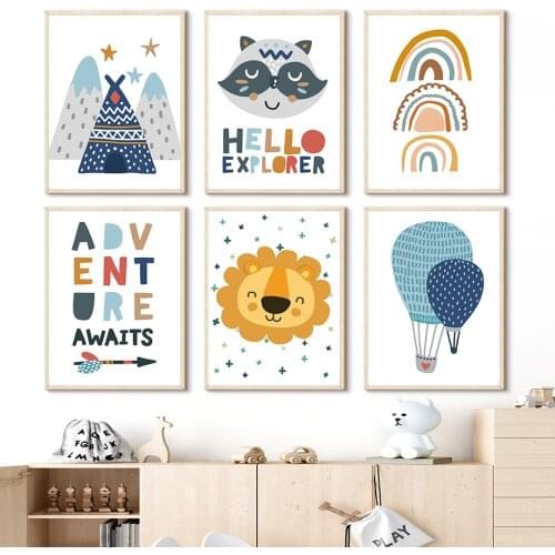 Lion Raccoon Tent Arrow Adventure Quotes Cartoon Art Canvas Painting Nordic Posters And Prints Wall Pictures Boy Kids Room Decor