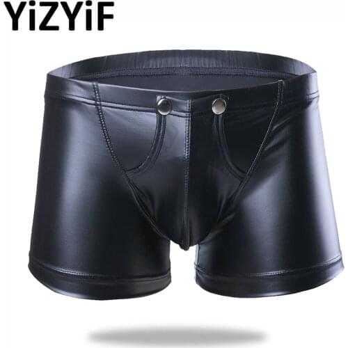 Men Pu Leather Shorts Sexy Open Crotch Wetlook Boxers Shorts Underwear Sissy Gay Night Club Dance Costume Plus Size