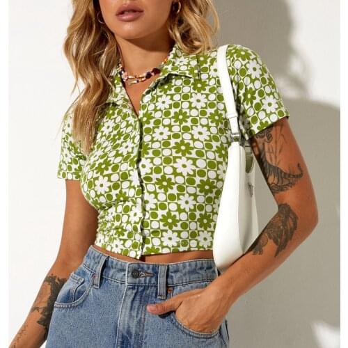 2021 New Style Womens Button Down Crop Tops Ladies Sexy Short Sleeve Print Lapel Shirts Summer Fashion Clothes