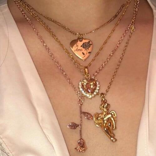 New Vintage Multilevel 2021 Fashion Gold Portrayed Necklaces For Women Female Heart-shaped Rose Angel Pendant Jewelry Gift