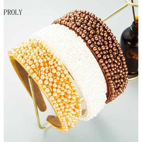 PROLY New Fashion Women Headband Dense Pearls Hairband Wide Side Baroque Headwear Vintage Casual Hair Accessories