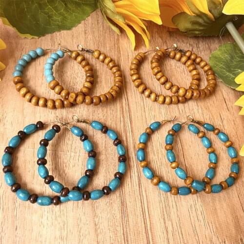 Wood Beads Bunch C Shape Hoop Earrings Women Mixed Geometric Turquoise Cylinder Beaded Round Earrings Contrast Designer Jewelry