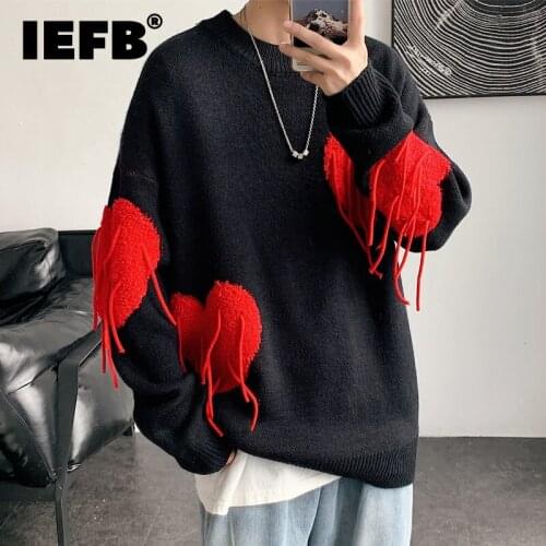 IEFB 2021 Autumn And Winter New Mens Love Flocking Couple Tide Round Collar Sweater Black White Korean Loose Kintwear 9Y9157