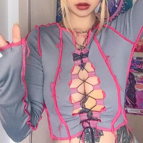 Sexy hollow bandage low cut top women Ribbed knitting Hit color T-shirt autumn club party street casual wear tees female