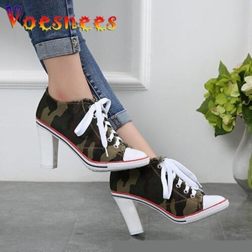 High Quality New 2019 Womens Shoes Denim High Heels 8CM Autumn Canvas Shoes Women Hot Sale Roma Women Pumps Large Size 34-40