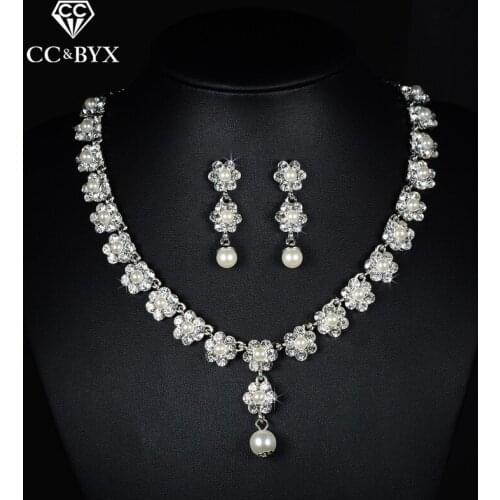 Beautiful Flower Wedding Jewelry Sets for Bridal Top Crystal & Pearl Necklace Earring Sets for Women Party Accessories D018-A