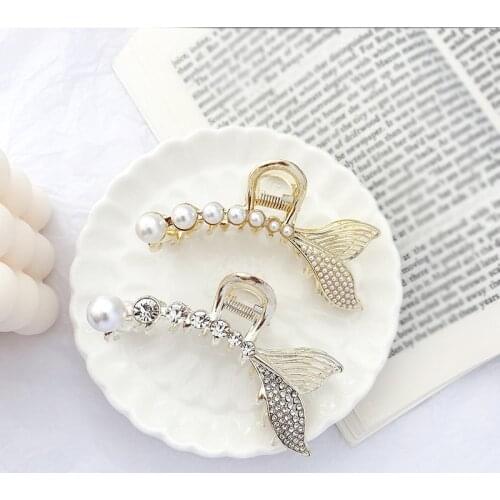 Woman Metal Mermaid Hair Claws Clamps Geometric Gold Mermaid Pearl Alloy Hairpins Clips Hair Accessories Ladies Gift Barrettes