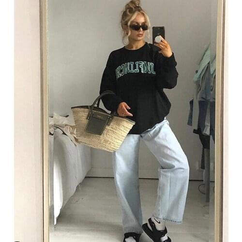 B-TOTO American Retro Black Printed Letters Capless Round Neck Sweater Spring Womens Tide Ins 2021 New Fashion