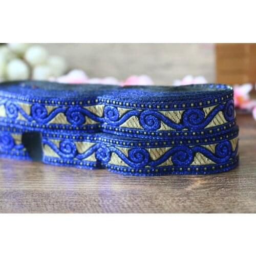 20yards/lots Woven Jacquard Ribbon 2cm gold background blue Geometric pattern IS-3013