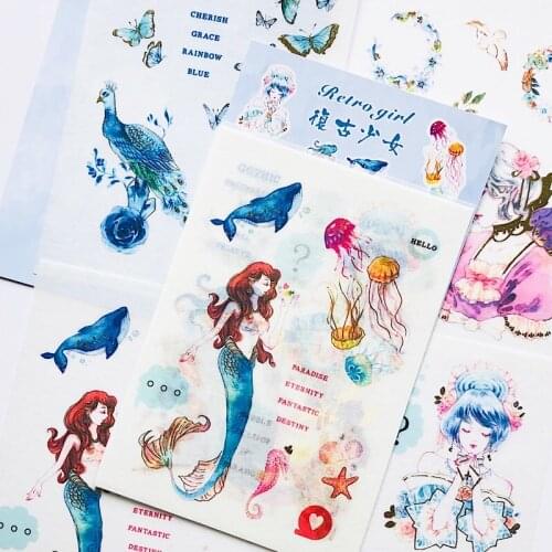 4 Sheets /Pack Mermaids Princess Girls Paper Stickers DIY Decorative Diary Stickers Stick Label