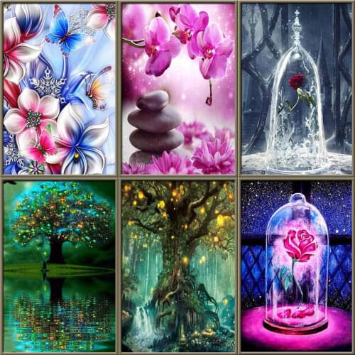 5D DIY Round Drill Diamond Mosaic Cross Stitch Flower Diamond Art Embroidery Landscape Diamond Painting Tree Home Decor Gift