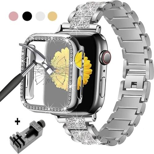 Diamond Strap+Case For Apple Watch Band 40mm 44mm 38mm 42mm iWatch Series 6 SE 5 4 3 2 1 Women Bracelet Stainless Steel Strap