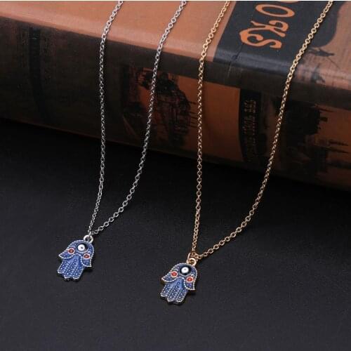 Enamel Hamsa Fatima Hand Pendant Necklace Wish Card Blue Evil Eye Amulet Jewelry