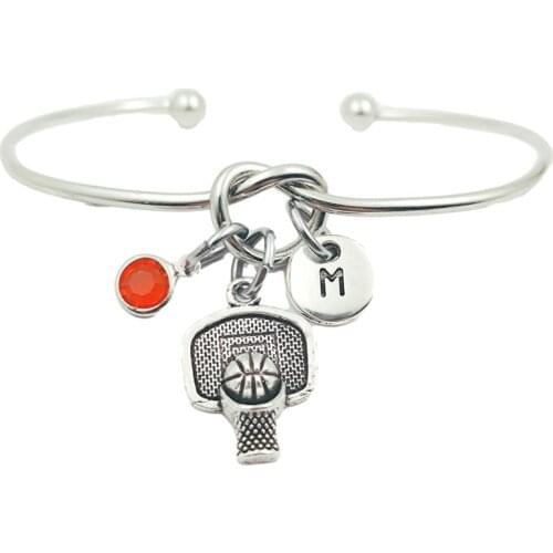 Basketball Hoop Retro Creative Initial Letter Monogram Birthstone Adjustable Bracelet Fashion Jewelry Women Gift Pendant
