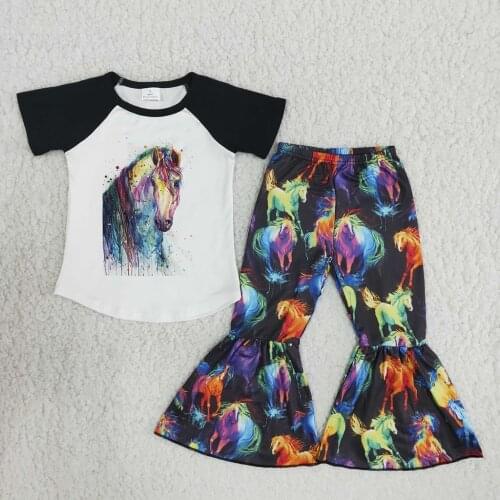 Korean style Spring 2021 Horse Printing Cotton Newborn Infant Baby Girls Short Sleeve Boutique Outfits Clothes