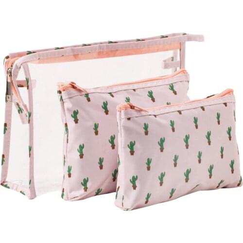 Beauty Case Large Capacity 3Pcs Flamingo Cactus Stripe Cosmetic Bag Women Travel Necessaries Portable Make Up Pouch Kosmetyczka