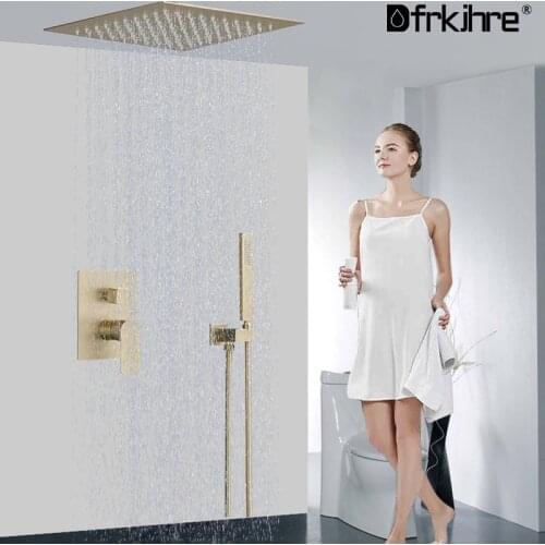 Brushed Gold Rainfall Shower Faucet Set Bathroom Wall Mounted Shower System Embedded Box Shower Mixer Tap Shower Faucet