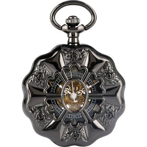 Antique Black Pumpkin Mechanical Pocket Watch Pendant FOB Chain Watches Skeleton Hand Wind Clock Steampunk Reloj De Bolsillo