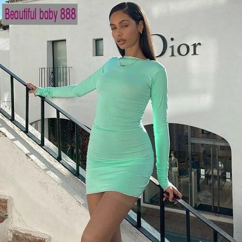 Meqeiss Solid Color Long Sleeve Half High Collar Bodycon Sexy Mini Dress 2021 Autumn Women Fashion Slim Streetwear Party Wear
